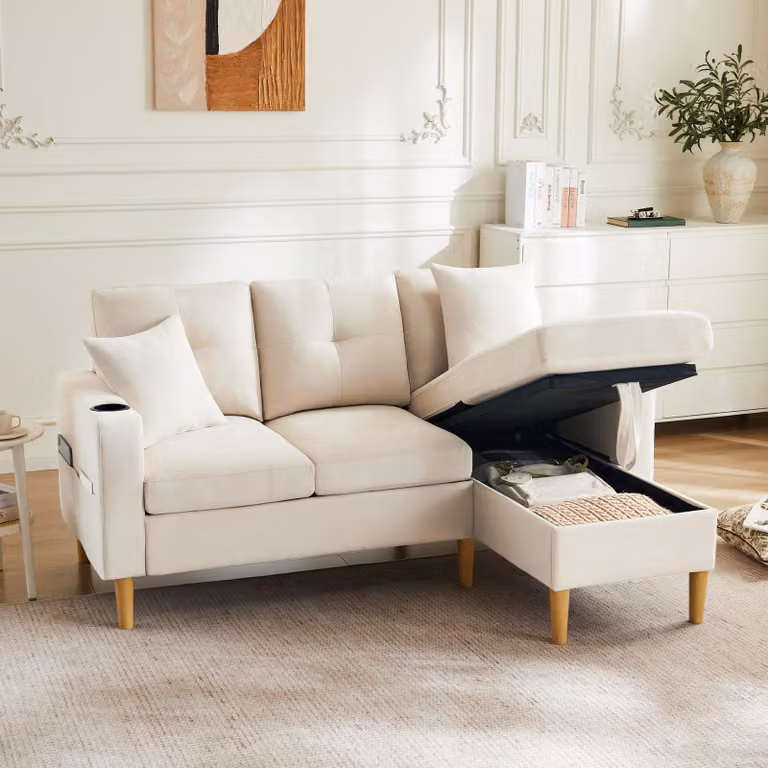 okwish divano angolare con chaise longue, vano portaoggetti e portabicchieri integrato, divano relax con 2 cuscini, divano a 3 posti per soggiorno, ufficio, casa, beige