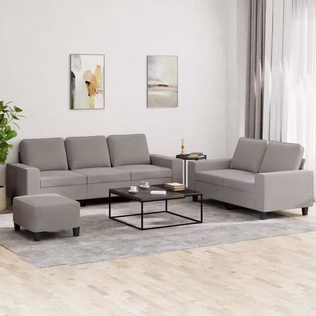 Set di divani moderno vidaXL composto da un divano a 3 posti, un divano a 2 posti e un pouf, rivestito in tessuto beige e grigio con cuscini inclusi