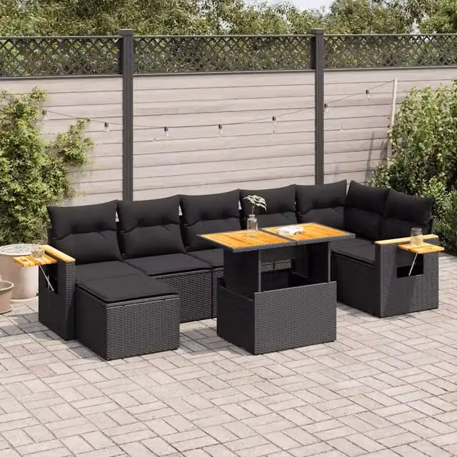 Set Divani da Giardino con Cuscini 8 pz Nero Polyrattan Acacia 3327625