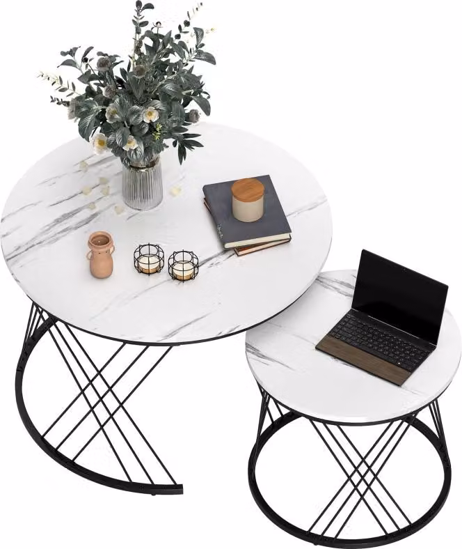 Set di due tavolini rotondi Moonbite, effetto marmo, impilabili, con struttura geometrica, realizzati in pannello di particelle di legno e metallo, colore bianco. Dimensioni: Ø70 × 46,5 cm e Ø44,5 × 39 cm