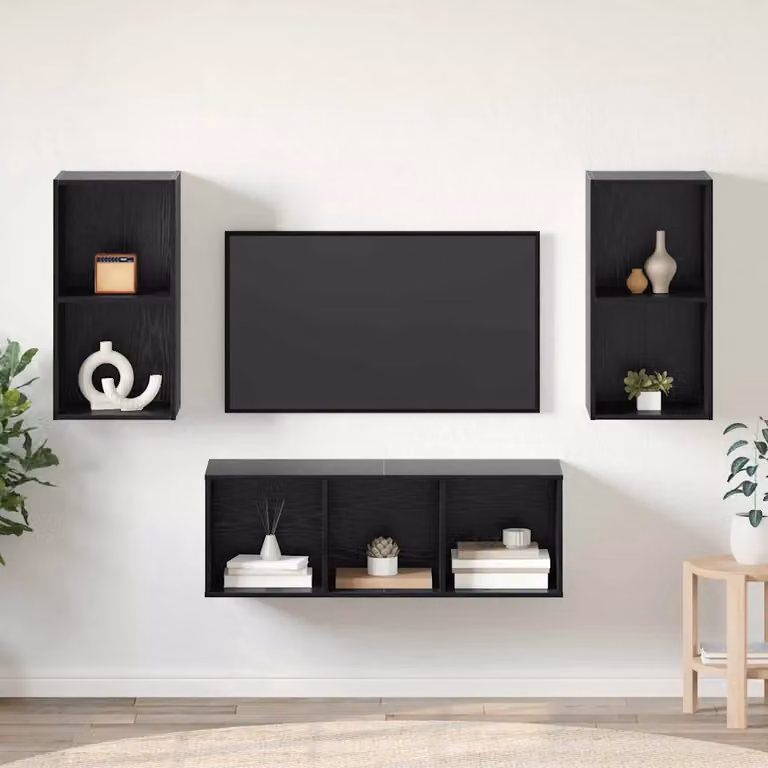 Set mobile TV minimalista vidaXL in 3 pezzi, colore nero e rovere, in legno MDF e multistrato per soggiorno