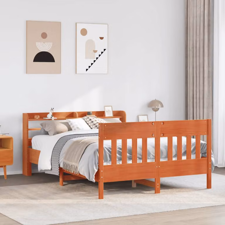 Letto in legno di pino massello vidaXL Marrone Cera con ripiani laterali L 150 x P 200 cm