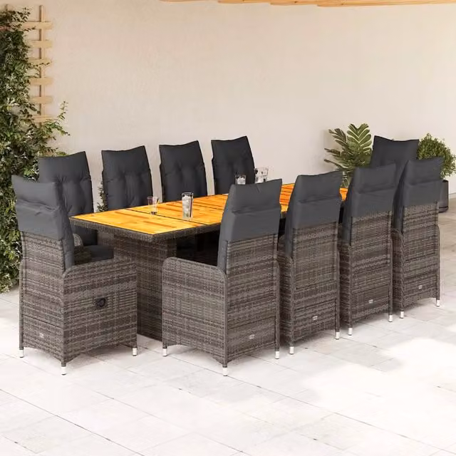 Set Bistrò da Giardino vidaXL da 11 pezzi in Polyrattan e Legno di Acacia Grigio
