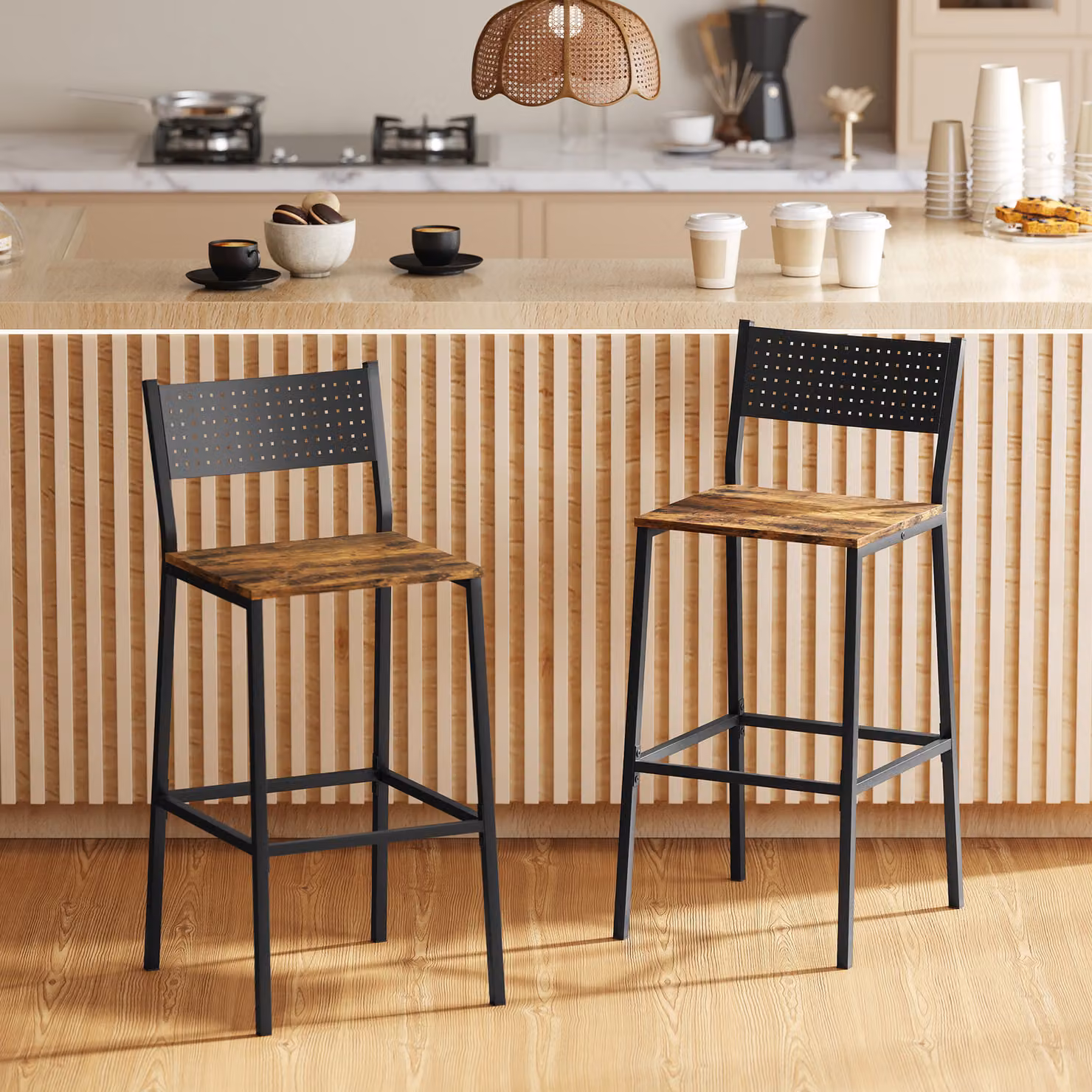 Set di 2 sgabelli da bar HOMCOM in stile industriale con schienale e poggiapiedi integrato, ecopelle marrone rustico – 2