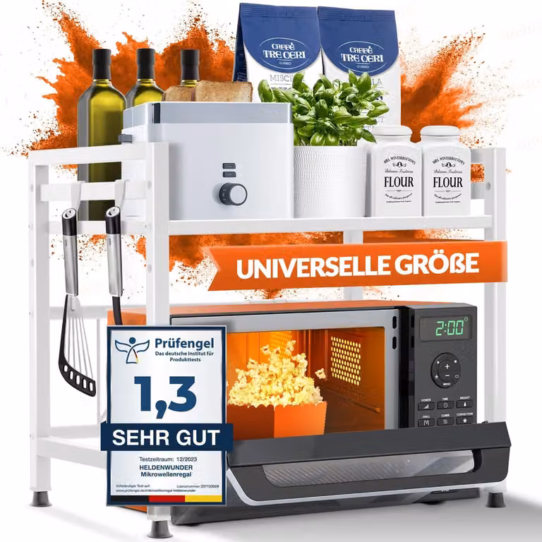 Ripiano per microonde, scaffale da cucina, modello autoportante in acciaio (a 2 livelli) | Scaffale per microonde, mobiletto per microonde | Scaffale portaoggetti, scaffale per panettiere, ripiano regolabile in altezza e lunghezza + istruzioni video, ganc