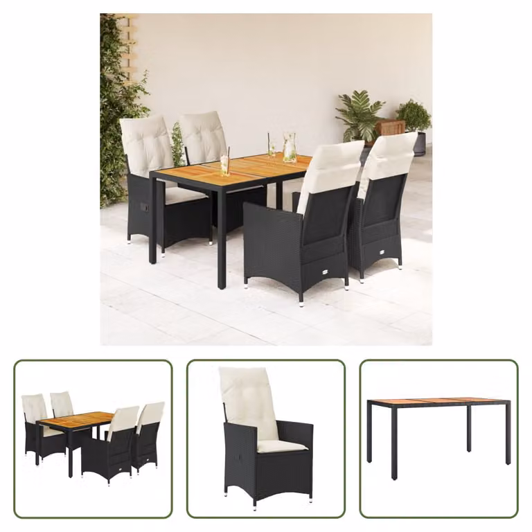 The Living Store Set da pranzo da giardino 5 pezzi con cuscini in poly rattan nero