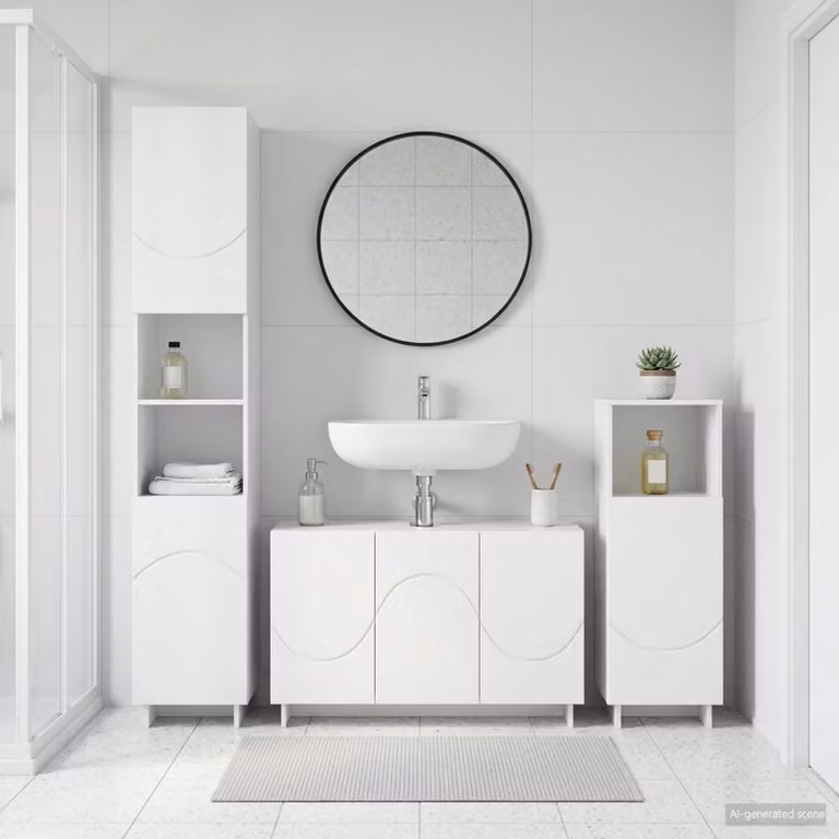Set di mobili da bagno moderno vidaXL in 3 pezzi bianco lucido in legno MDF L/P/H: 101.0 x 41.0 x 67.39 cm, 58.0 x 41.0 x 67.39 cm e 120.0 x 41.0 x 67.39 cm