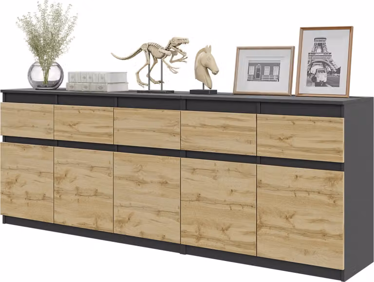 NOAH - Cassettiera con 5 cassetti e 5 ante - Cassettiera per camera da letto Credenza - Antracite / Rovere Wotan H75cm L200cm P35cm
