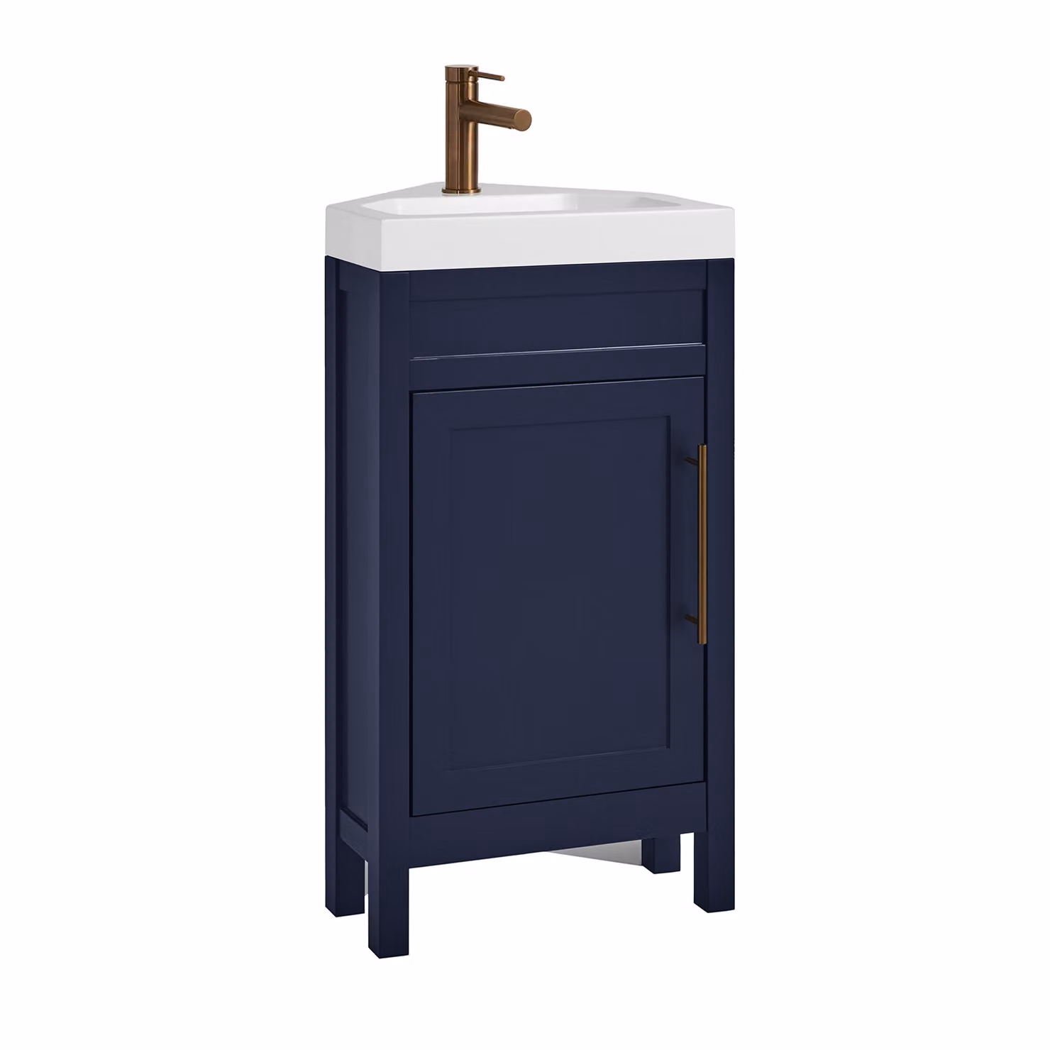 Mobile Bagno Angolare Blu Marino da 450mm con Lavabo e Maniglia Moderna con Barra a T in Rame Satinato - Warwick