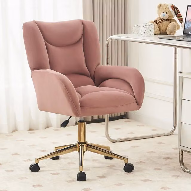 Sedia da ufficio girevole con altezza regolabile e rotelle, in velluto con base metallica dorata rosa per casa