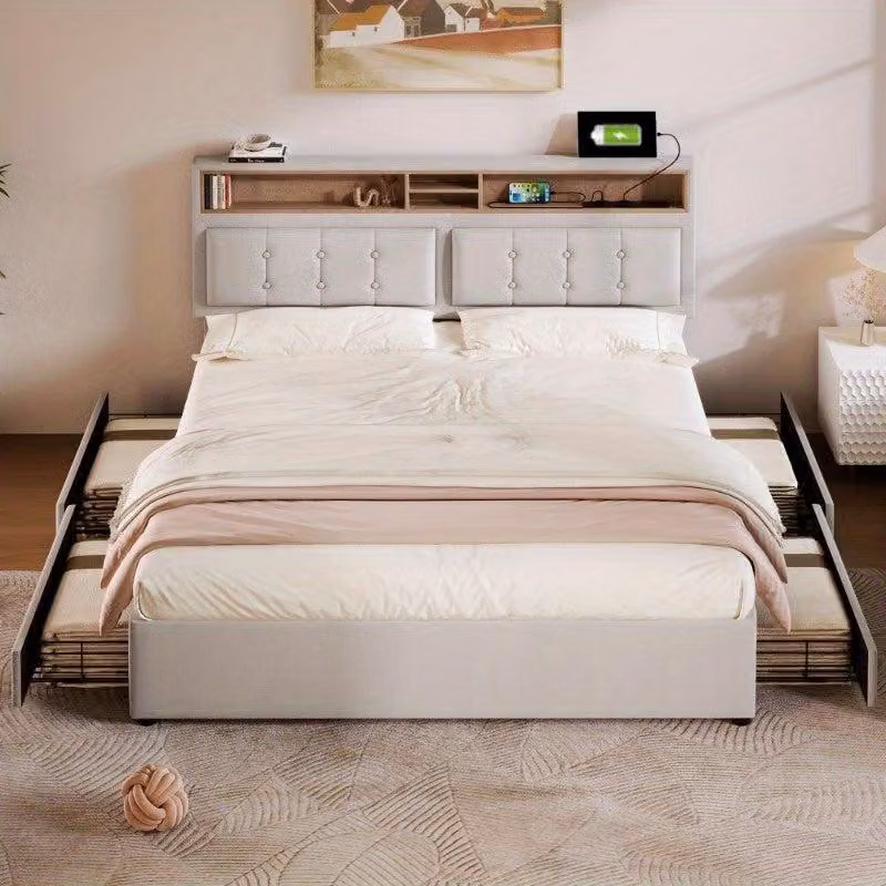 Letto matrimoniale con quattro cassetti e testiera imbottita regolabile, dimensioni 160x200 cm