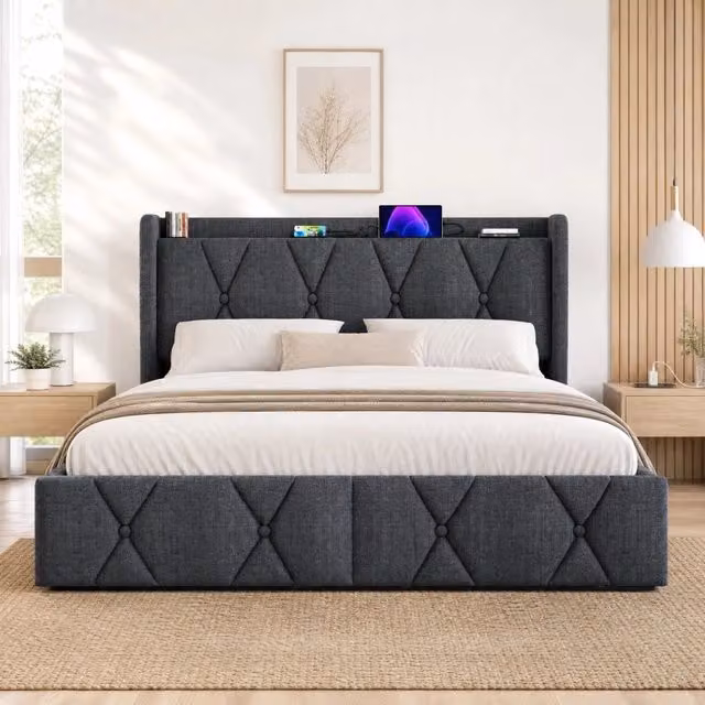Letto imbottito in lino con 4 cassetti; testiera con 2 USB e 2 prese; 140x200 cm; grigio