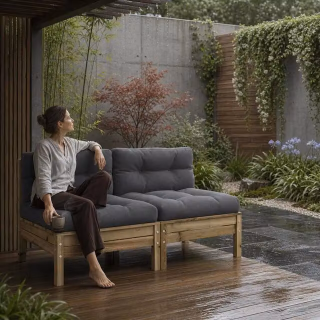 Garden Sofa Without Armrests, With 2 Cushions, Pine Wood