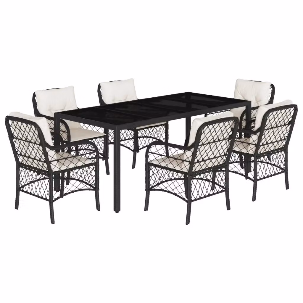 Set da Pranzo da Giardino vidaXL 7 pz in Polyrattan Nero con Piano in Vetro e Cuscini – 2