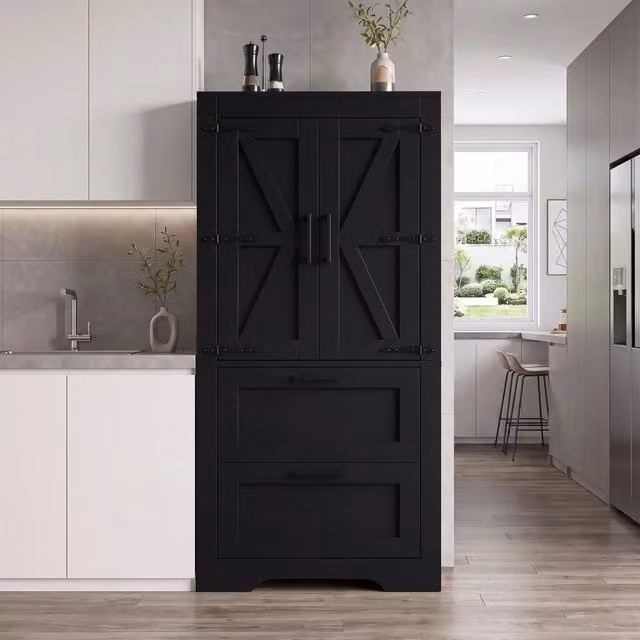 Mobile cucina Minimal stile arte povera con 2 cassetti, nero, effetto ante porta di fienile, L: 128 cm, P: 30 cm, H: 60 cm – 1