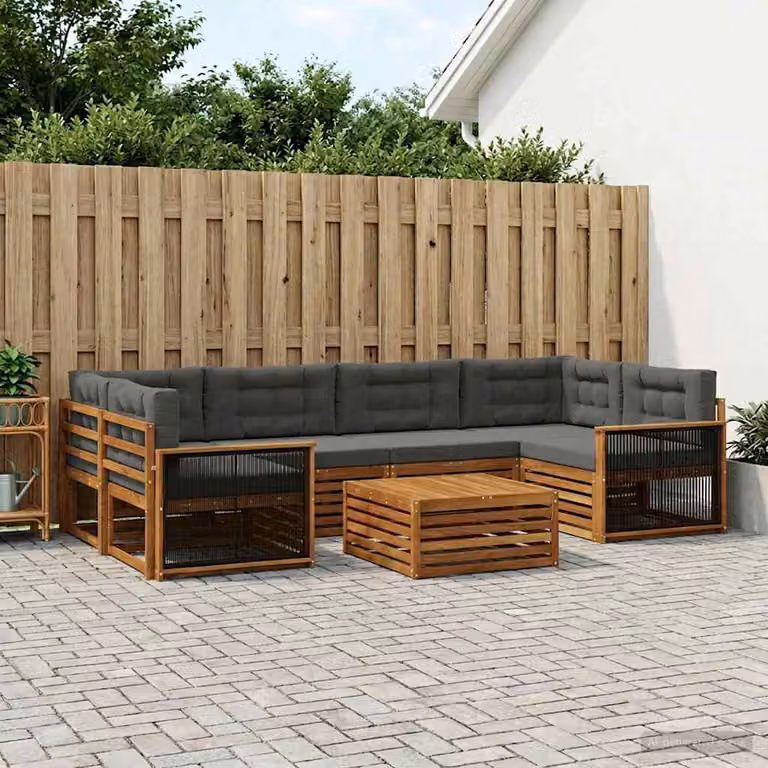 vidaXL Set di divani da esterno a L in legno di acacia con tavolo da caffè, 7 pezzi, Beige e Antracite