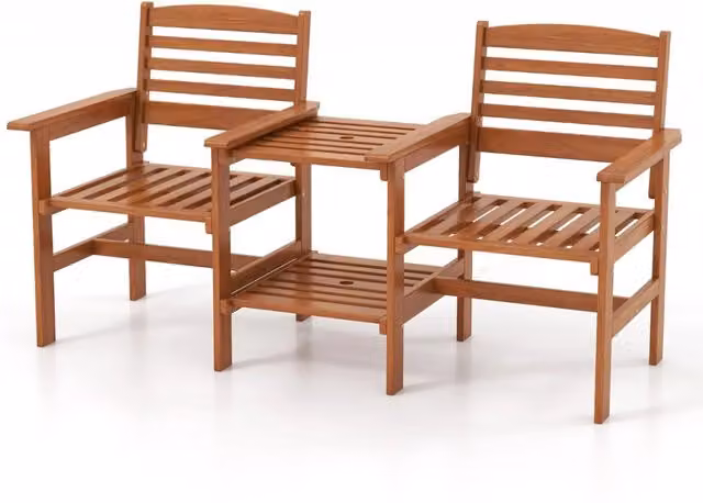 Set di mobili da giardino in legno naturale marrone con tavolino e foro per ombrellone L: 159,5 cm, P: 61,5 cm, H: 88 cm