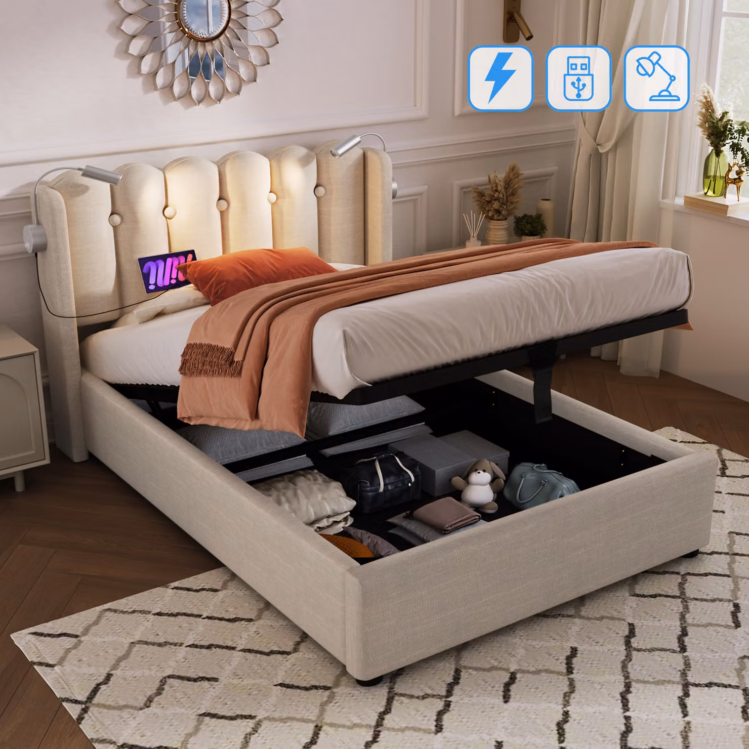 Letto imbottito Flieks 90x200cm con rete a doghe, letto a molle idrauliche con USB e luce di lettura, letto contenitore letto singolo, biancheria, beige