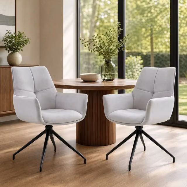 Sedia da pranzo girevole a 360° imbottita in tessuto grigio chiaro e metallo nero HAVRYA