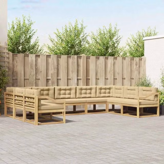 Set di divani da esterno a L vidaXL in legno di acacia con cuscini, Bianco e Beige – 1
