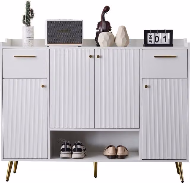 Scarpiera con 2 cassetti, 4 ante e vano a giorno, piedi alti, per ingresso, in truciolare bianco, 130 × 37 × 100 cm