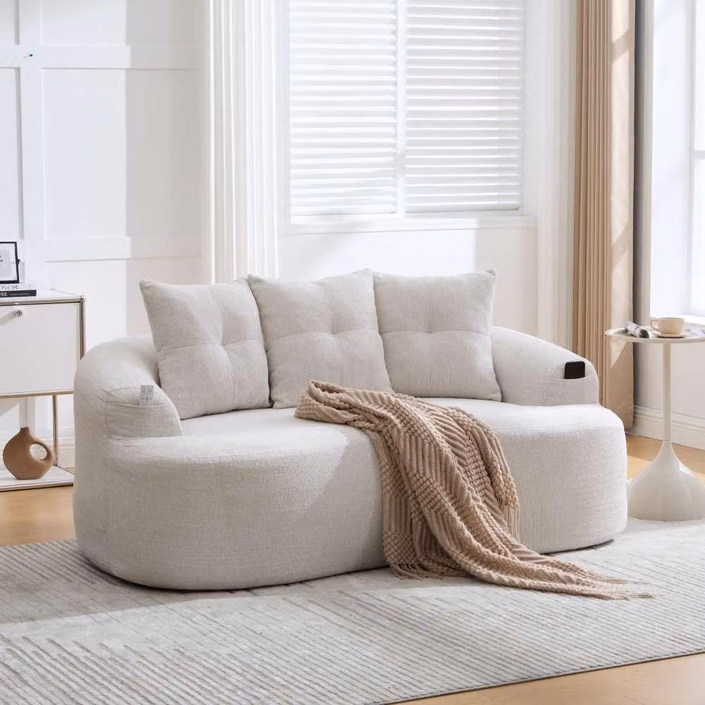 Divano a due posti AIORBER in ciniglia, cuscino di seduta profondo, design sinuoso, consegnato compresso, elevato comfort, incl. 3 cuscini decorativi, beige