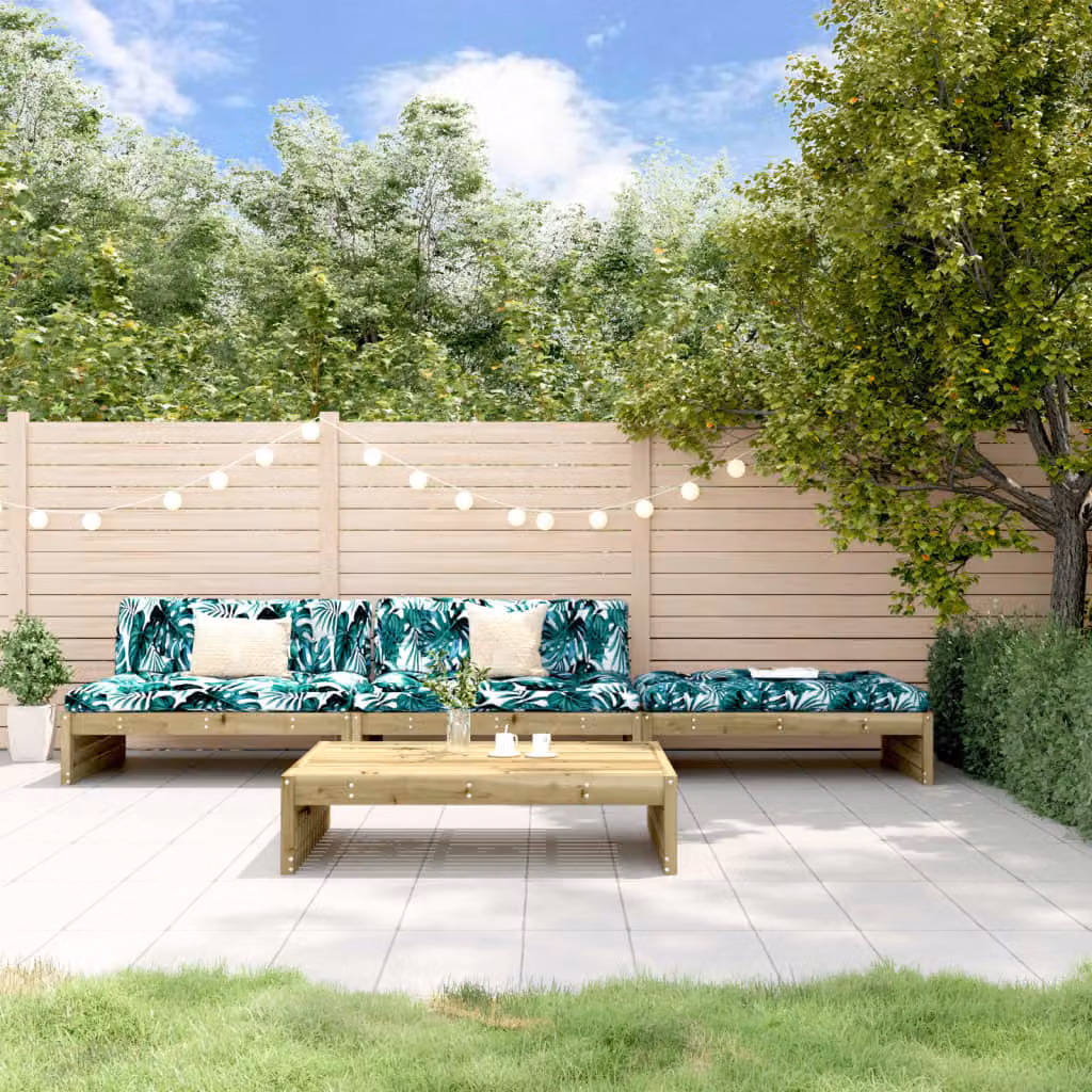 Set da giardino vidaXL a forma di L in legno di pino con cuscini e tavolino, marrone e verde