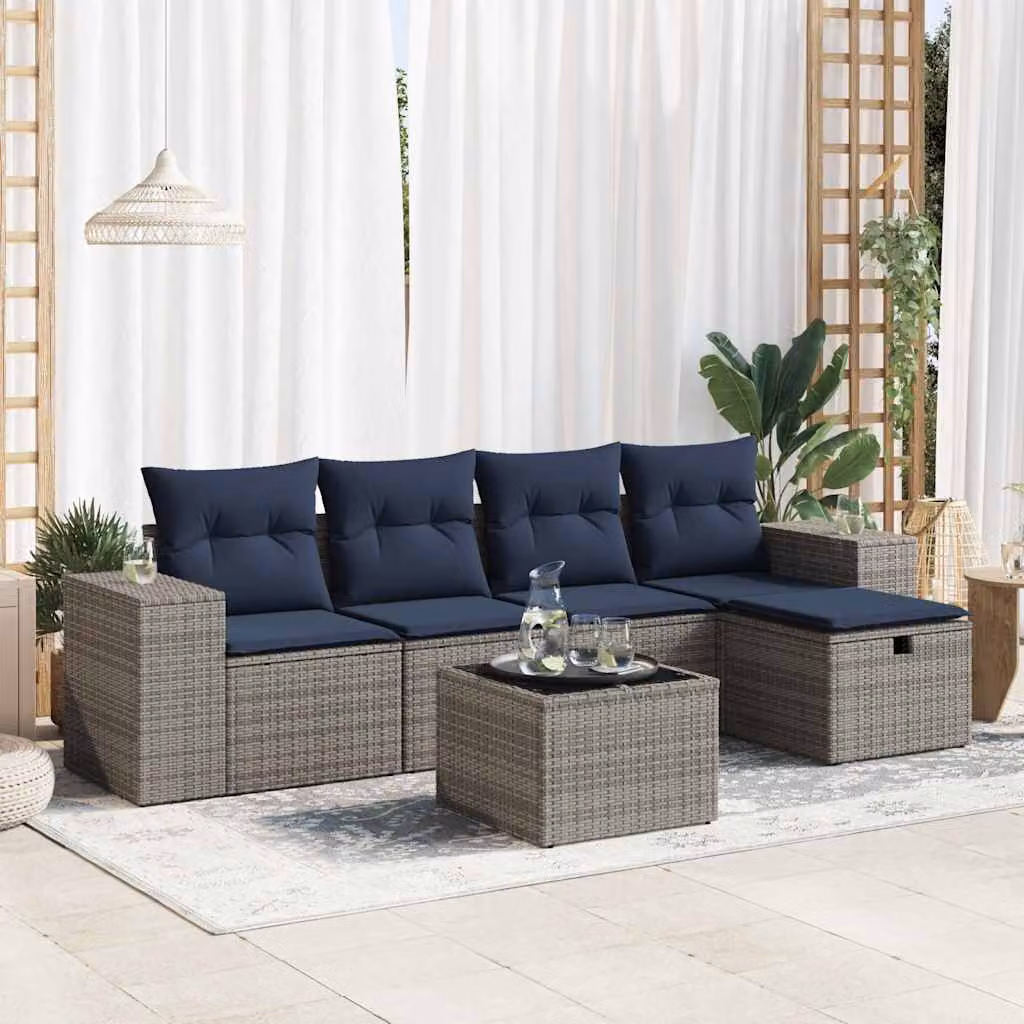 Set Divano da Giardino vidaXL 6 pz a Forma a L con Cuscini Grigio e Blu in Polyrattan e Metallo