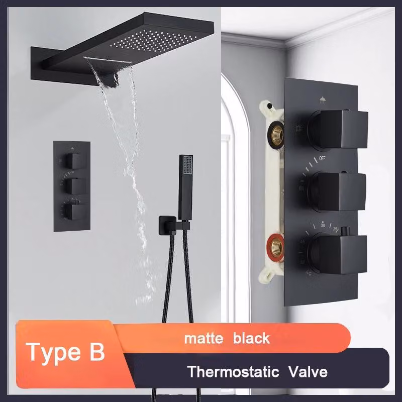 Rubinetto termostatico per bagno - Set doccia a soffitto da incasso - Sistema doccia a cascata - Ottone - Miscelatore monocomando caldo/freddo - Nero