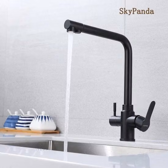 Kraan per cucina a 3 vie, rubinetto per acqua potabile con maniglione doppio, penetrazione 3-in-1, rubinetto a 360° girevole, con 2 uscite, in acciaio inossidabile, Nero Mat