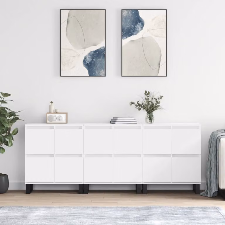 Set di 3 credenze vidaXL in legno multistrato e metallo, colore bianco opaco