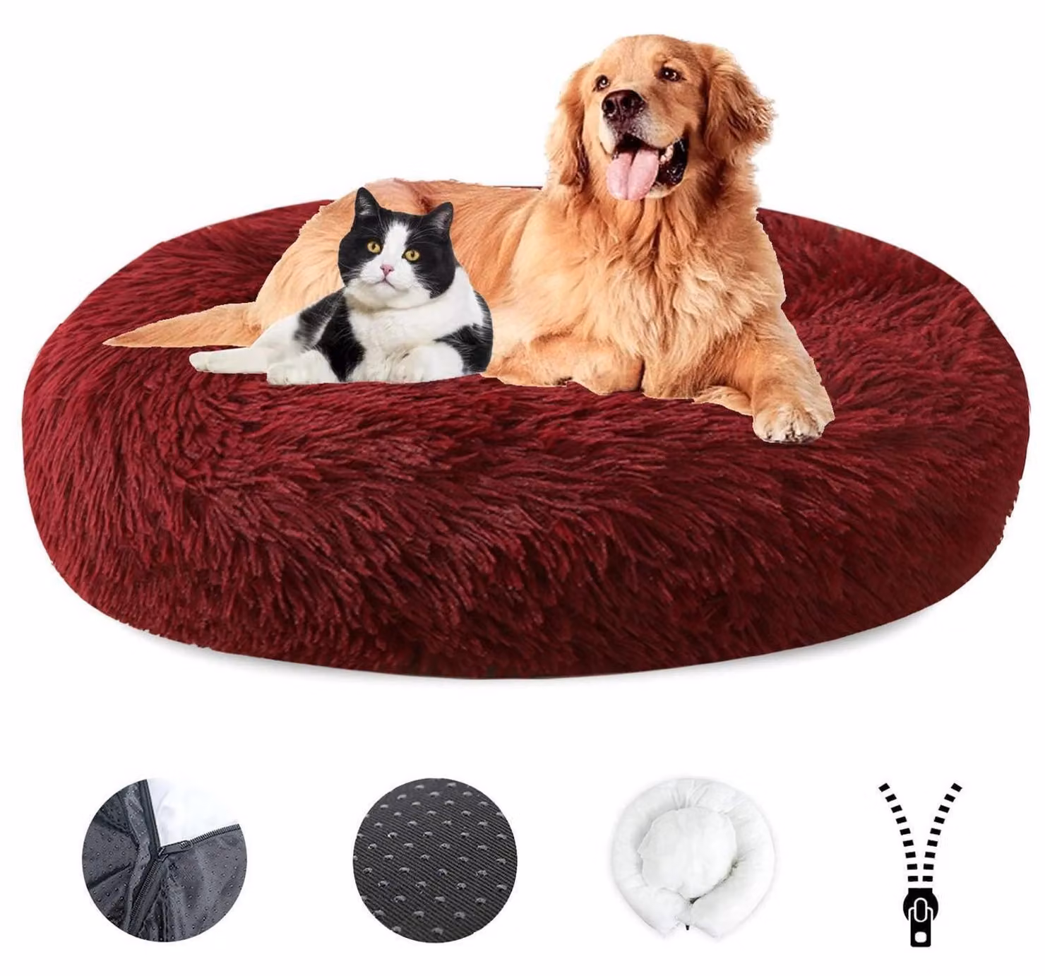 Cuccia per cani, design a ciambella, morbida, lavabile, con rivestimento removibile, antiscivolo, diametro 110 cm, colore bordeaux