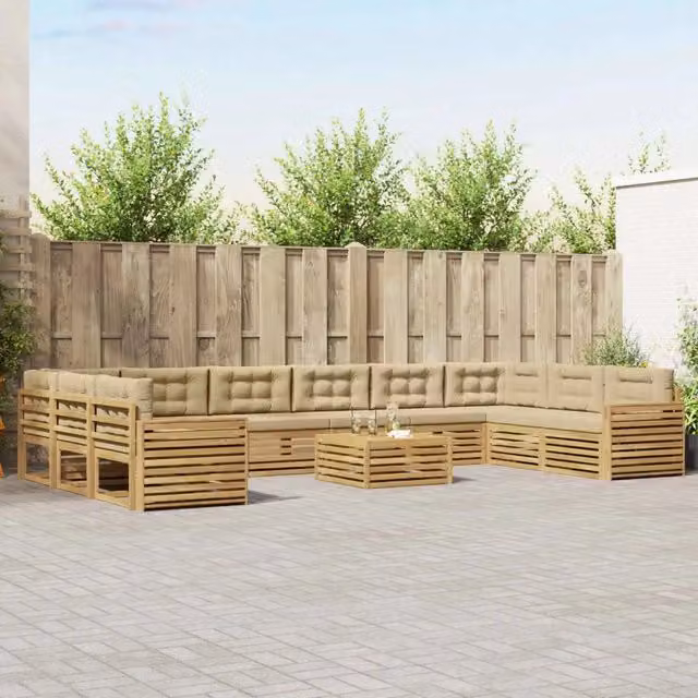 Set di divani da giardino a forma di L con tavolo da caffè vidaXL in legno di acacia marrone e beige, composto da 11 pezzi con cuscini inclusi – 1
