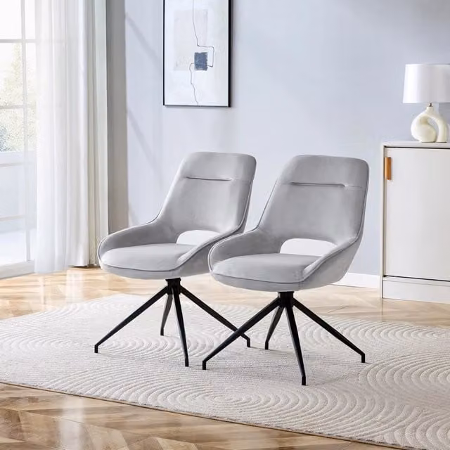 Sedia da pranzo girevole 360° in velluto con imbottitura in schiuma e gambe in metallo nero grigio chiaro