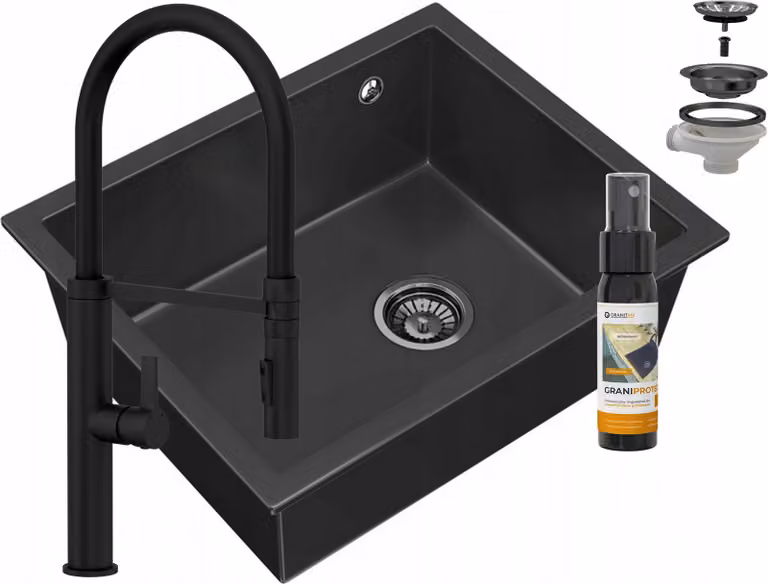 Granitan - Lavello in granito - Lavello da cucina - Lavello nero - con rubinetteria - Vasca di lavaggio - SALIX