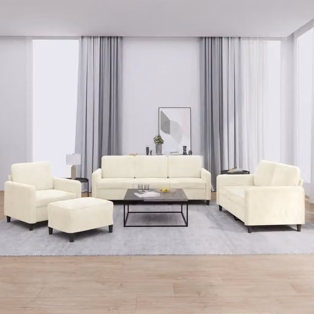 Set di divani 4 pezzi vidaXL in velluto beige e bianco con pouf e cuscini per soggiorno moderno – 1