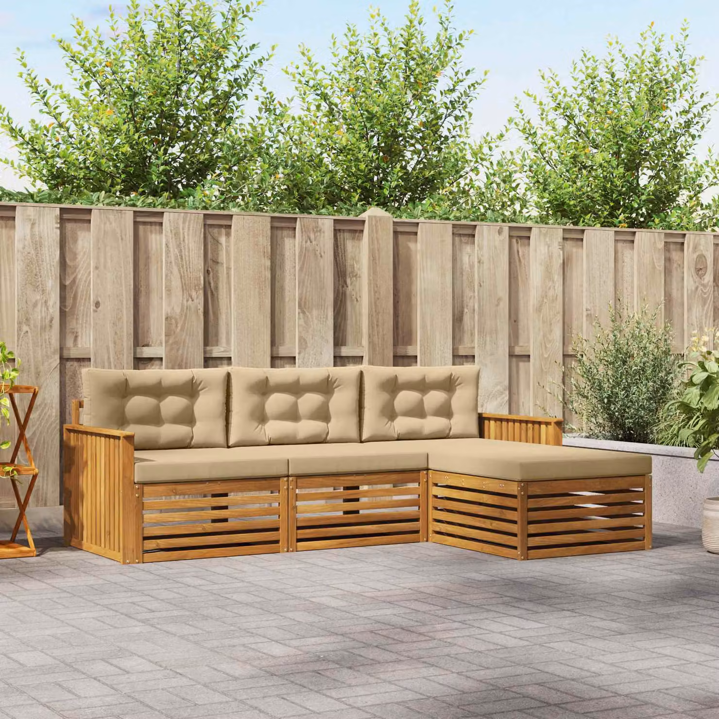 Set di divani da esterno vidaXL a forma di L in legno di acacia con pouf e cuscini, colore marrone e beige