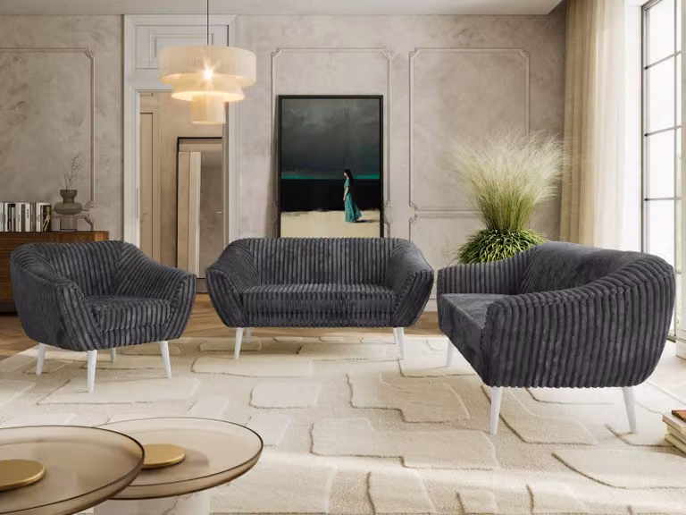 Divano componibile MKS MEBLE PIRS 1-2-3, set completo in stile scandinavo, con sospensioni a molle, gambe bianche, gruppo sedute, set di mobili, set con braccioli - Grigio corduroy