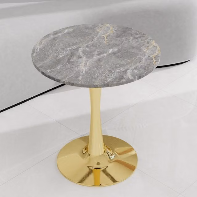 Tavolino basso rotondo OKWISH con piano in marmo artificiale grigio e struttura dorata, stile moderno per soggiorno e sala da pranzo