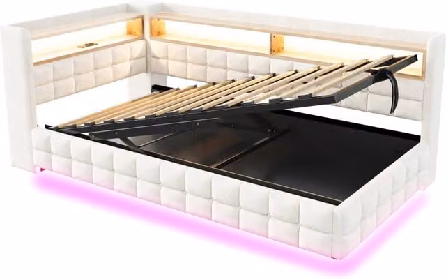 Letto divano multifunzionale 90x200 cm con zona stoccaggio idraulica, LED, prese USB e Tipo-C, rivestimento in velluto beige