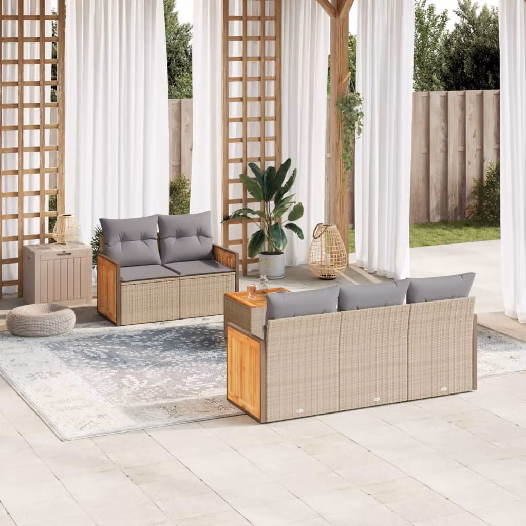 vidaXL Set Divano da Giardino 6 pz a L in Polyrattan con Cuscini Beige e Tavolino da Caffè – 1