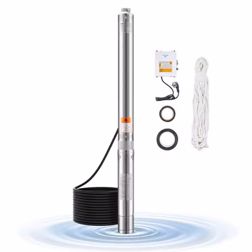 VEVOR Pompa Sommergibile per Pozzi Profondi IP68, Potenza in Uscita 550 W, 230 V, Portata 65 L/min, Prevalenza 64 m, con Cavo da 20 m, Pompa per Acqua in Acciaio Inox per Irrigazione Industriale
