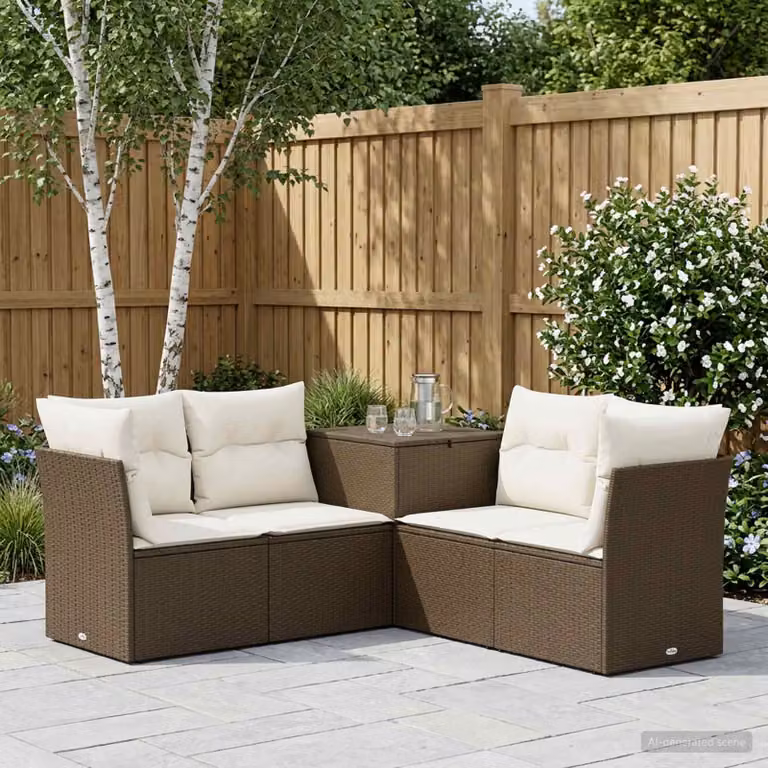 Set di divani da giardino a L vidaXL in polyrattan marrone e bianco crema con cuscini inclusi