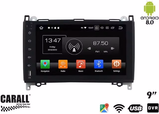 Autoradio Android Carall da 8,0 pollici per Mercedes Benz B200 con GPS, Bluetooth, Wi-Fi, USB e SD, colore nero