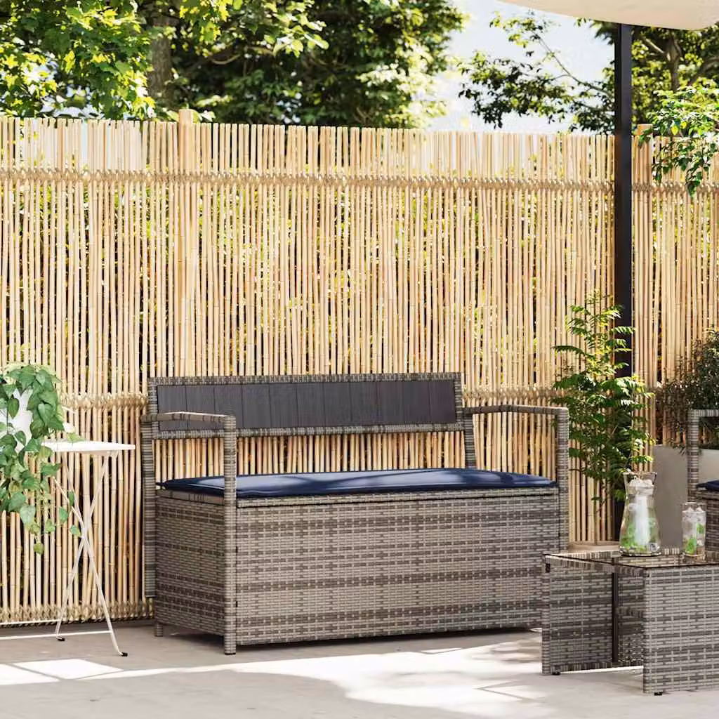 Panca portaoggetti da giardino vidaXL in polyrattan con cuscini grigi e blu L: 111,5 cm, P: 54 cm, H: 74 cm