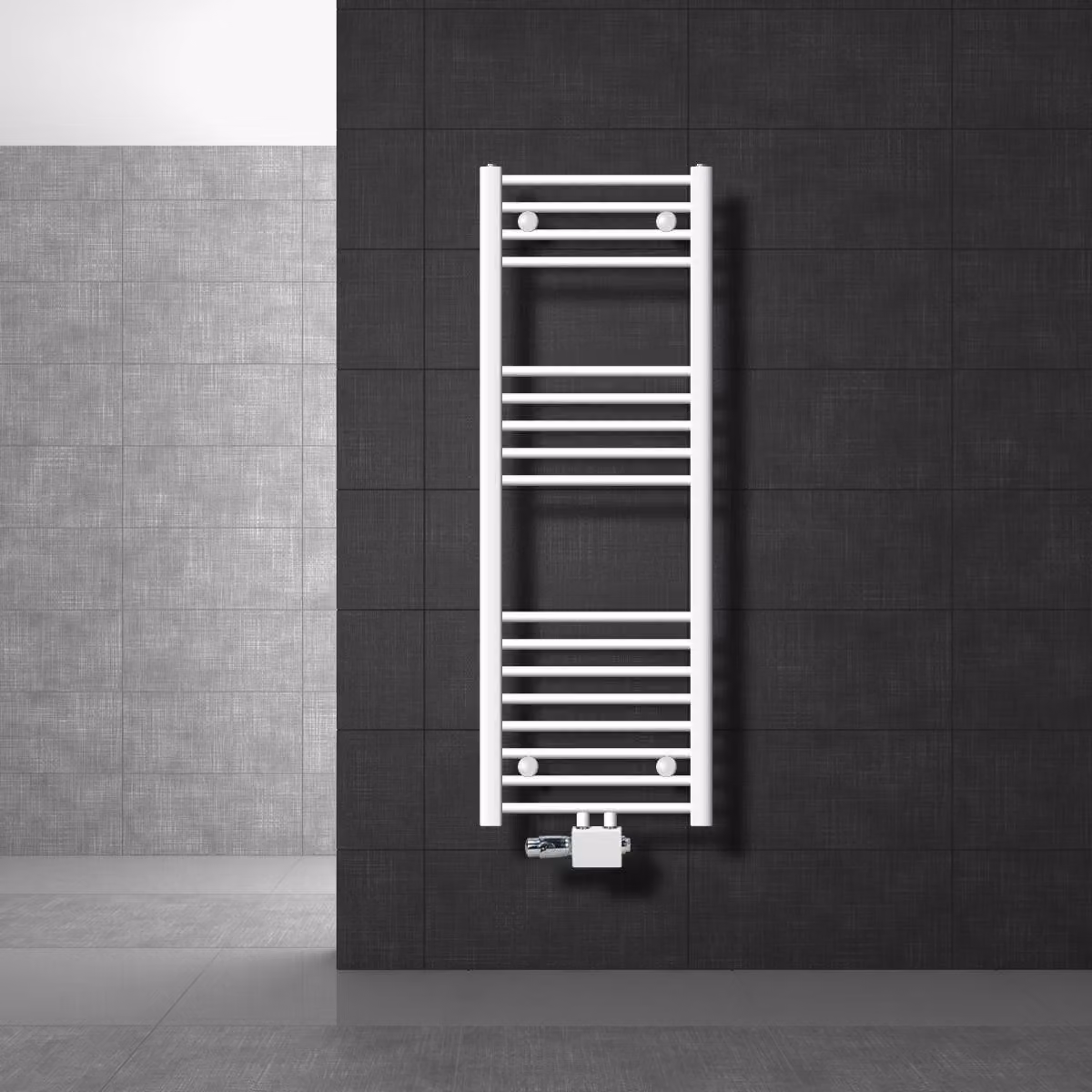 LuxeBath radiatore bagno attacco centrale 400 x 1200 mm bianco diritto con termostato e set di collegamento Angolo universale e diritto passante, senza elemento riscaldante