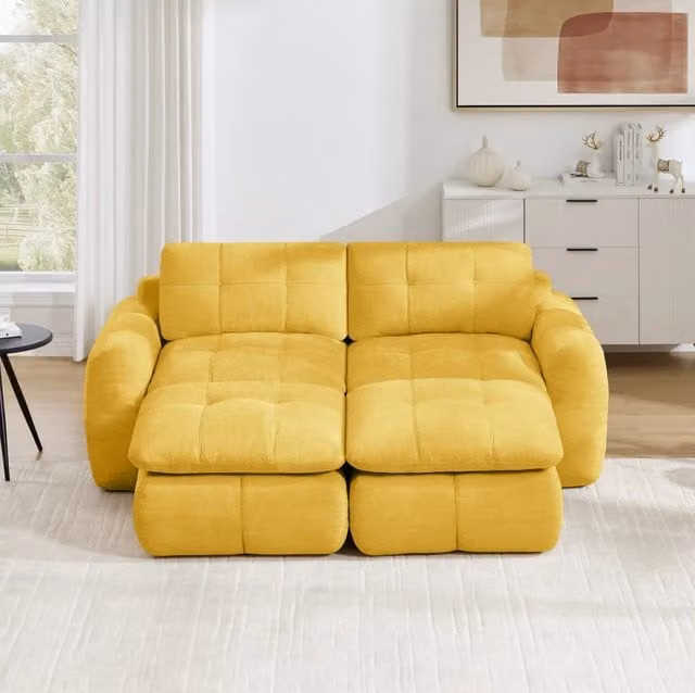 Divano modulare 2 posti in chenille giallo; seduta ampia e profonda; 194x160x68 cm