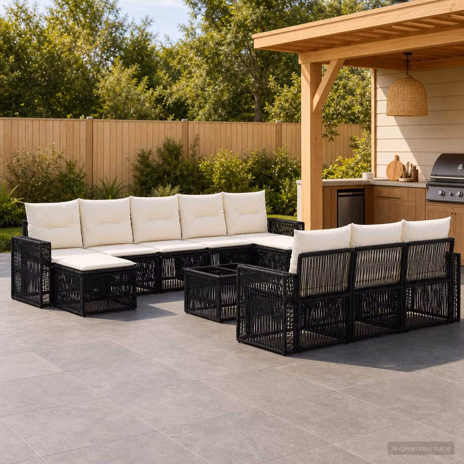 Set Divano da Giardino vidaXL 11 Pezzi a Forma di U in Polyrattan con Cuscini, Nero e Bianco Crema