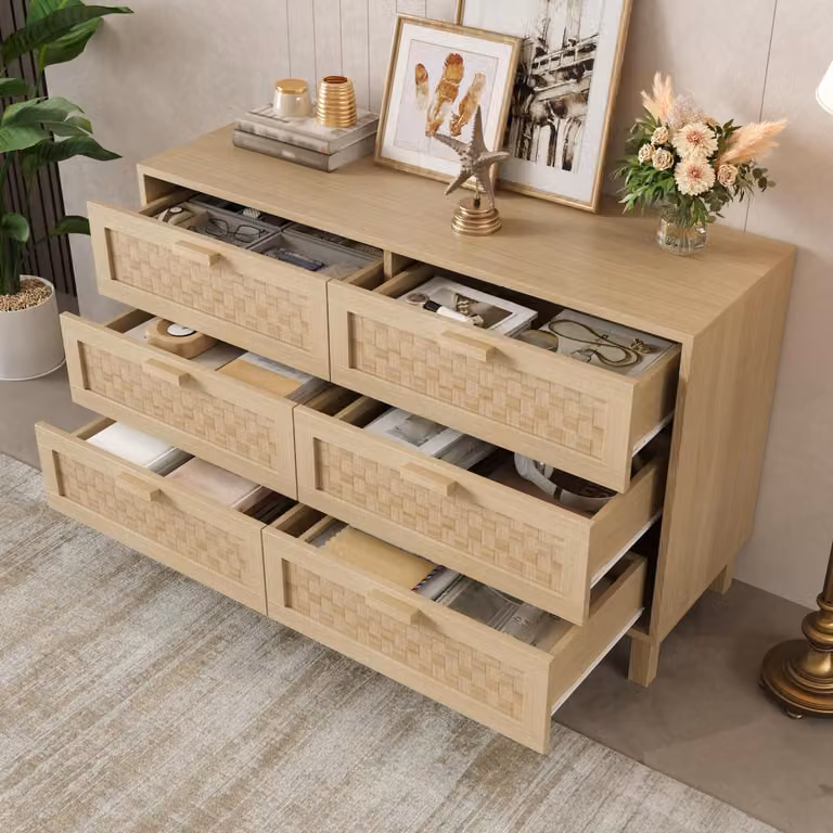 Mobile contenitore con 6 cassetti, in legno naturale, aspetto rattan, dimensioni 120x75x40 cm