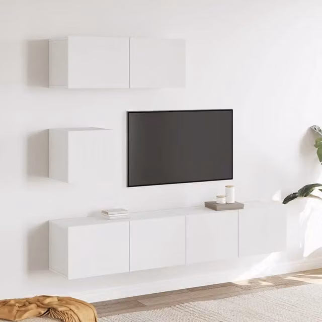 Set di mobili porta TV moderno vidaXL in legno bianco da 4 pezzi con montaggio a parete